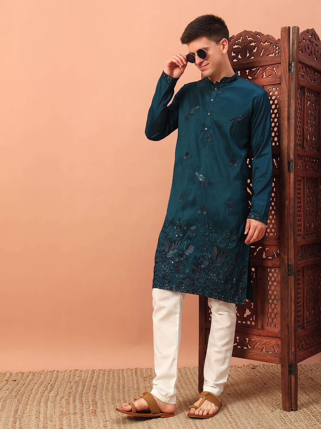 dark teal – Embroidered Kurta with Bird Motif for Men