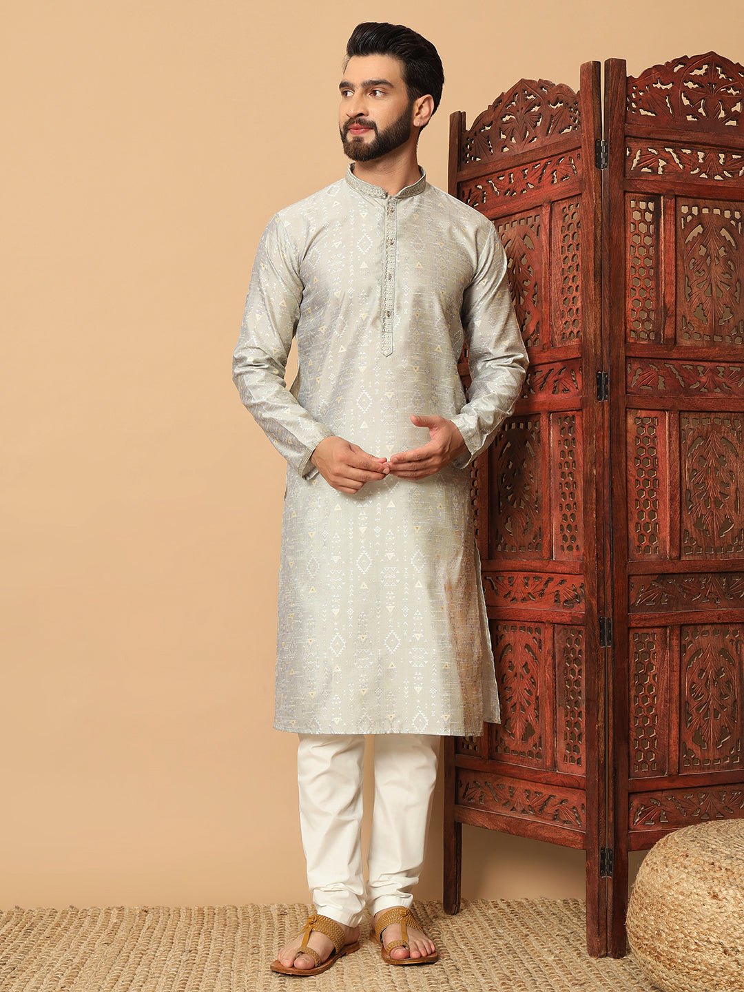 Mauve Dual Weft Jacquard Kurta with Contrast Lace Detailing