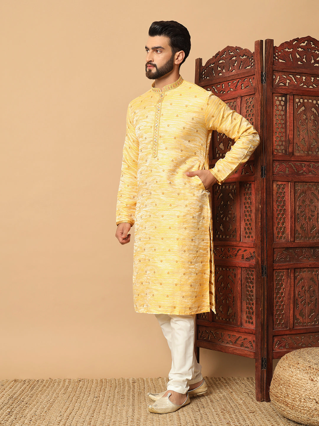 Golden Marigold Radiance – Sequin Embellished Kurta for Men