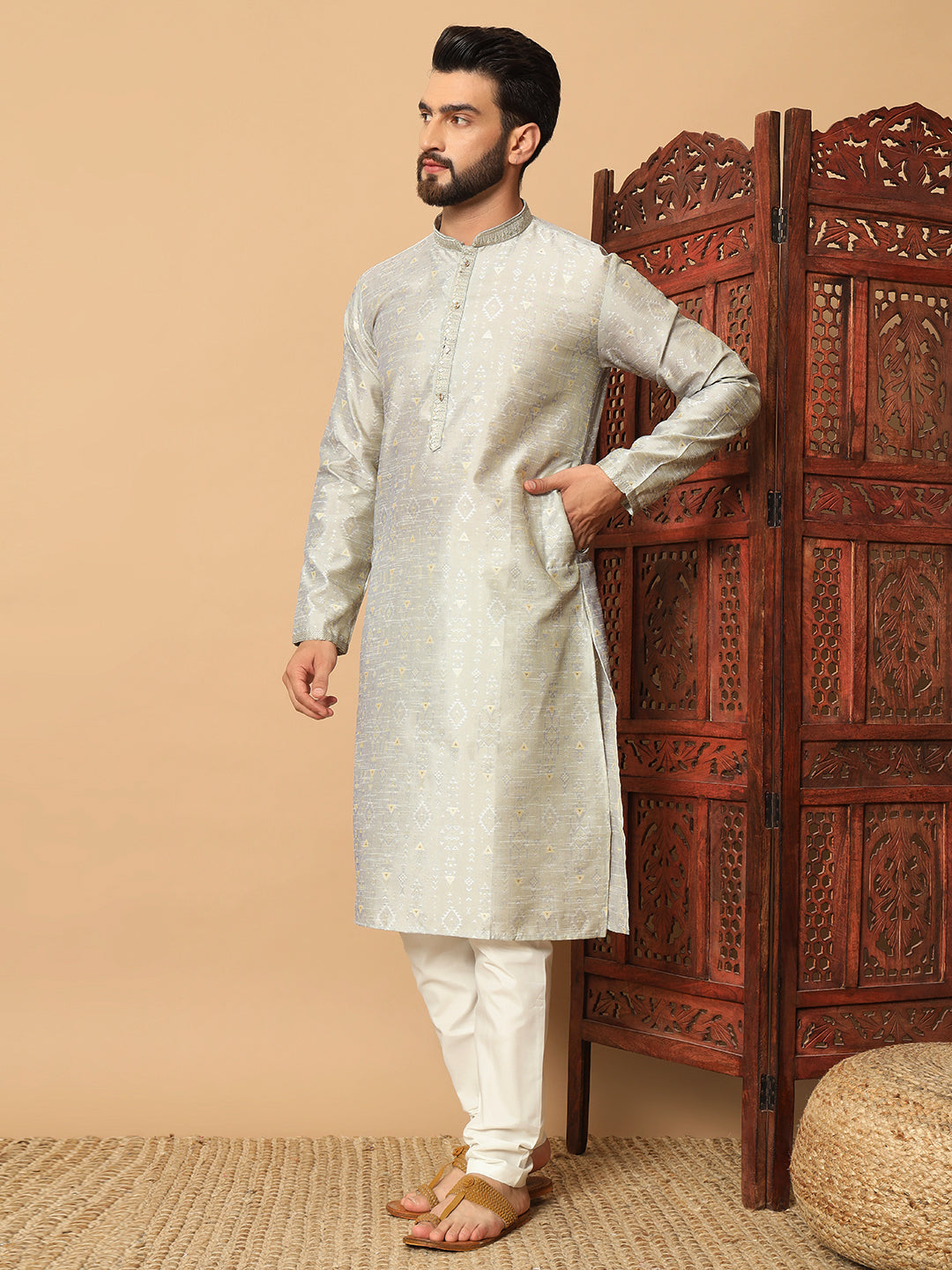 Mauve Dual Weft Jacquard Kurta with Contrast Lace Detailing