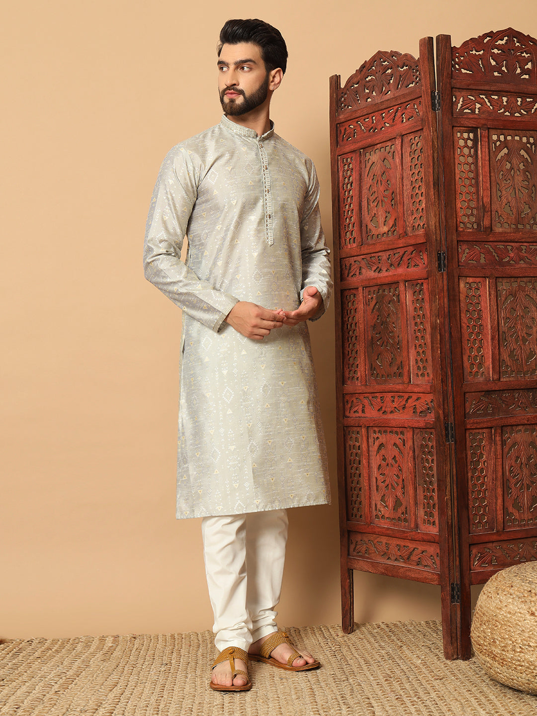 Mauve Dual Weft Jacquard Kurta with Contrast Lace Detailing