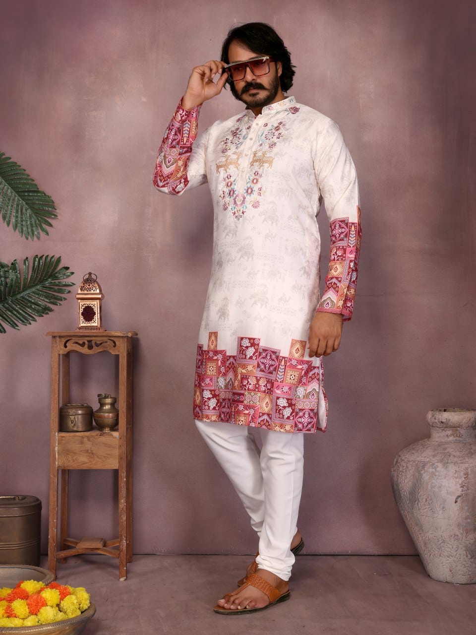 ivory ( gold tinted) –   Embroidered & Printed Kurta for Men
