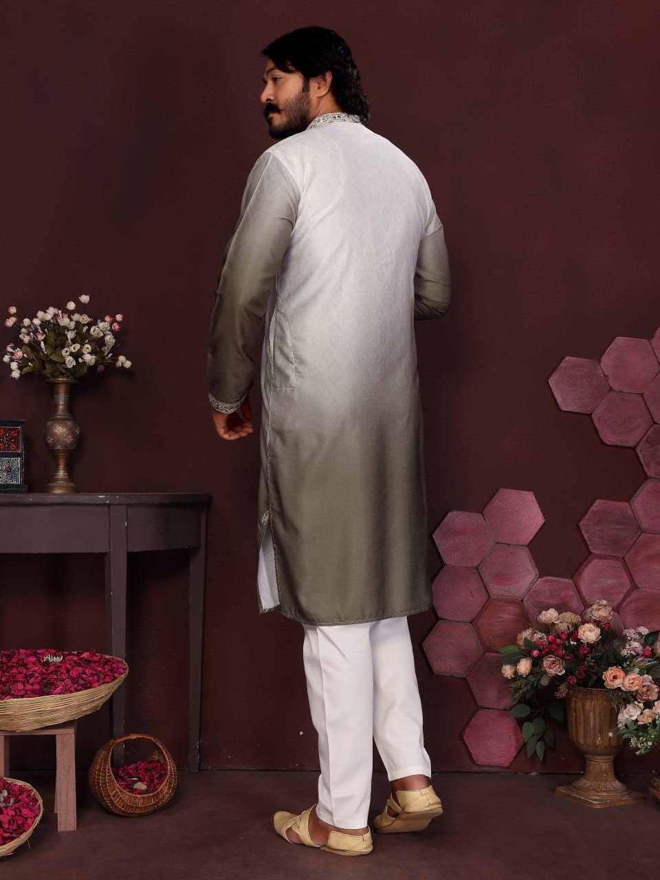 deep melvet mehndi Embroidered Silk Kurta for Men