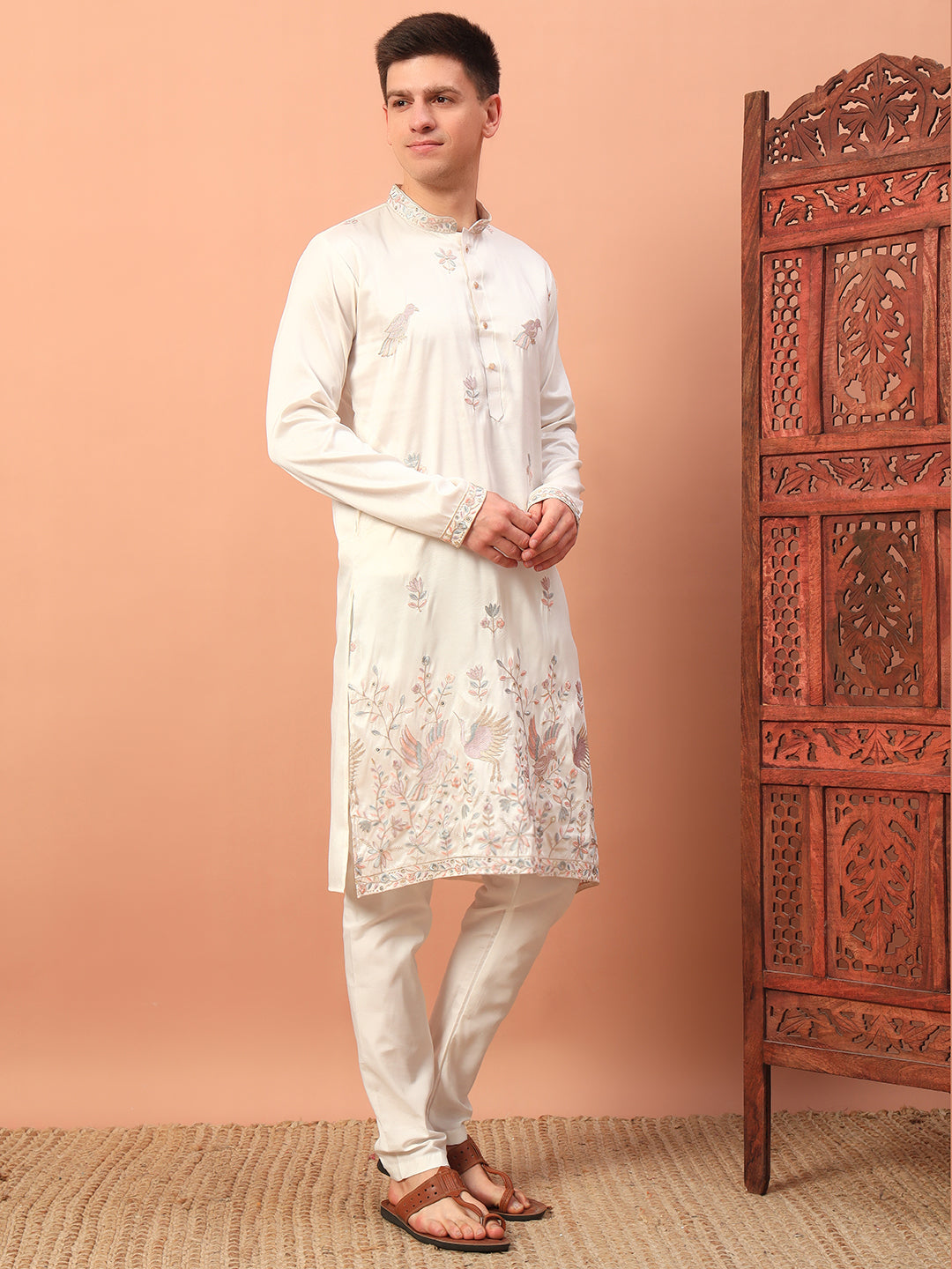 Ivory Grace – Embroidered Kurta with Bird Motif for Men