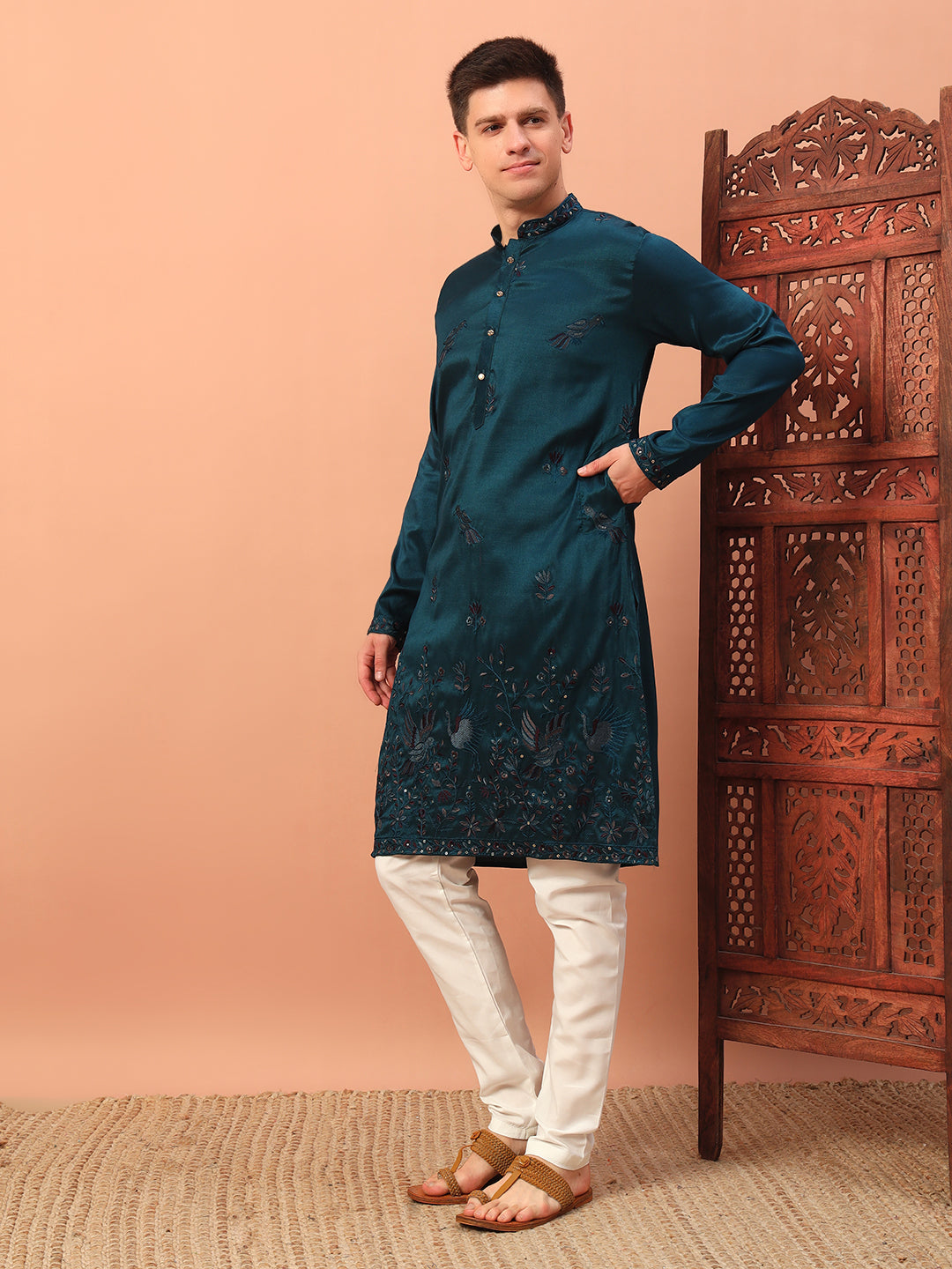 dark teal – Embroidered Kurta with Bird Motif for Men