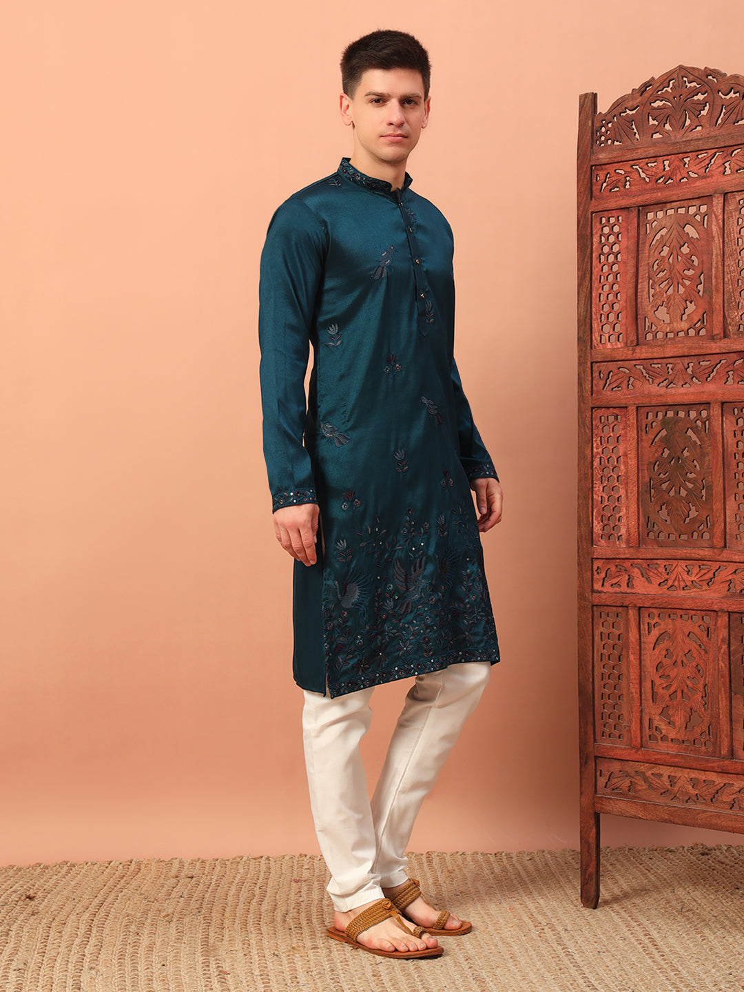 dark teal – Embroidered Kurta with Bird Motif for Men