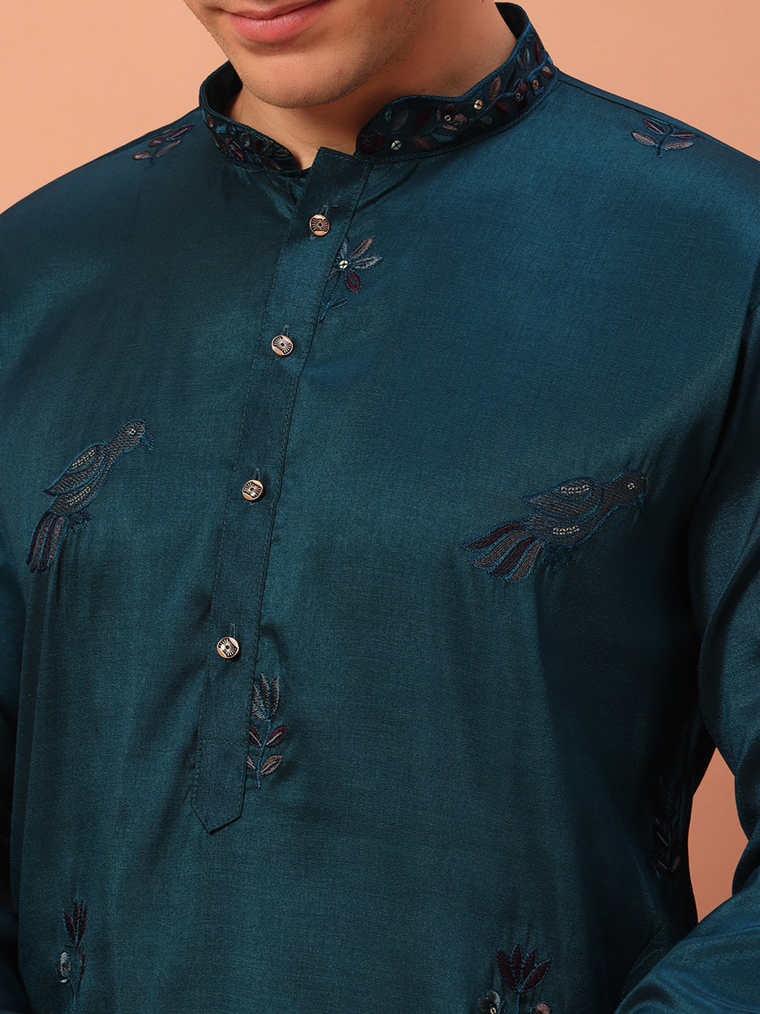 dark teal – Embroidered Kurta with Bird Motif for Men