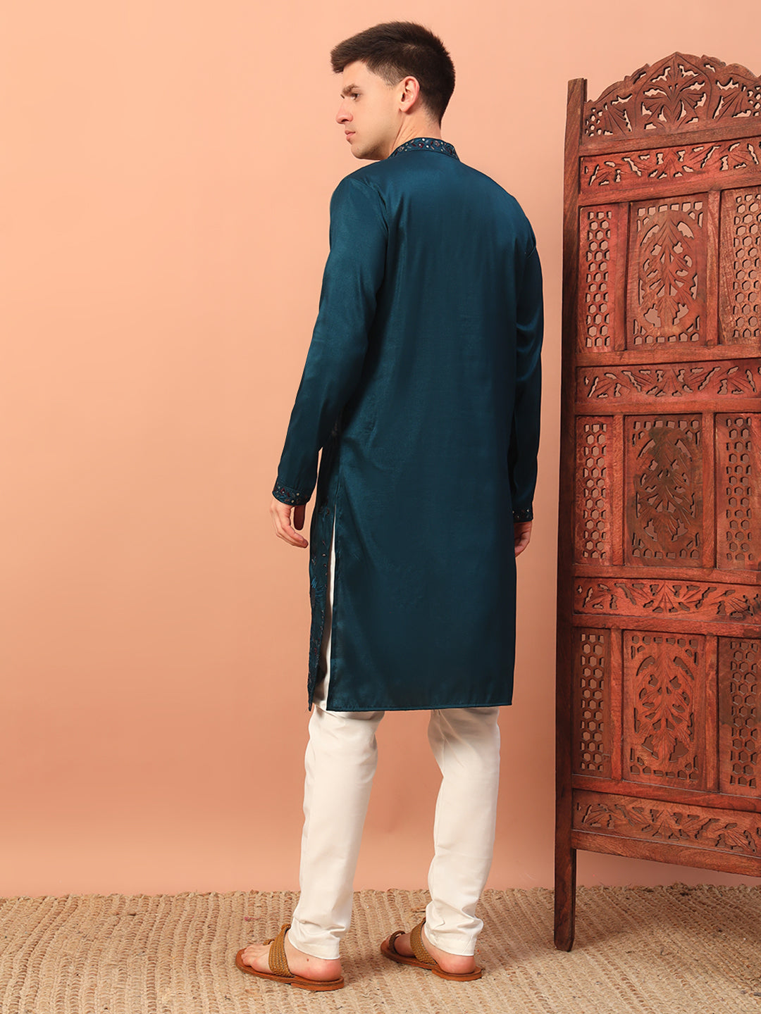 dark teal – Embroidered Kurta with Bird Motif for Men
