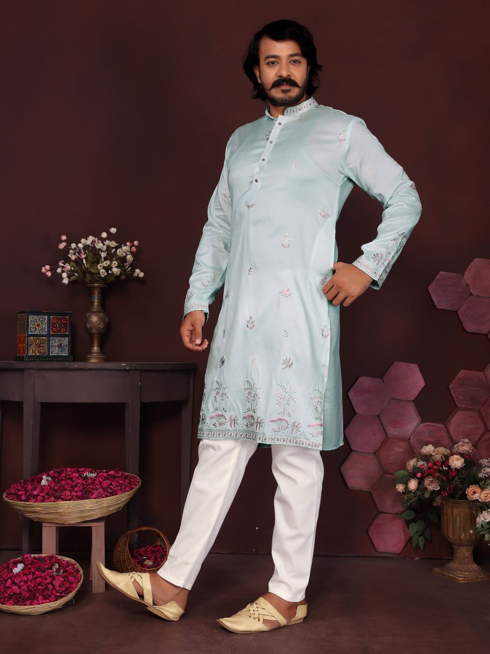 Powder Blue Embroidered Silk Kurta for Men