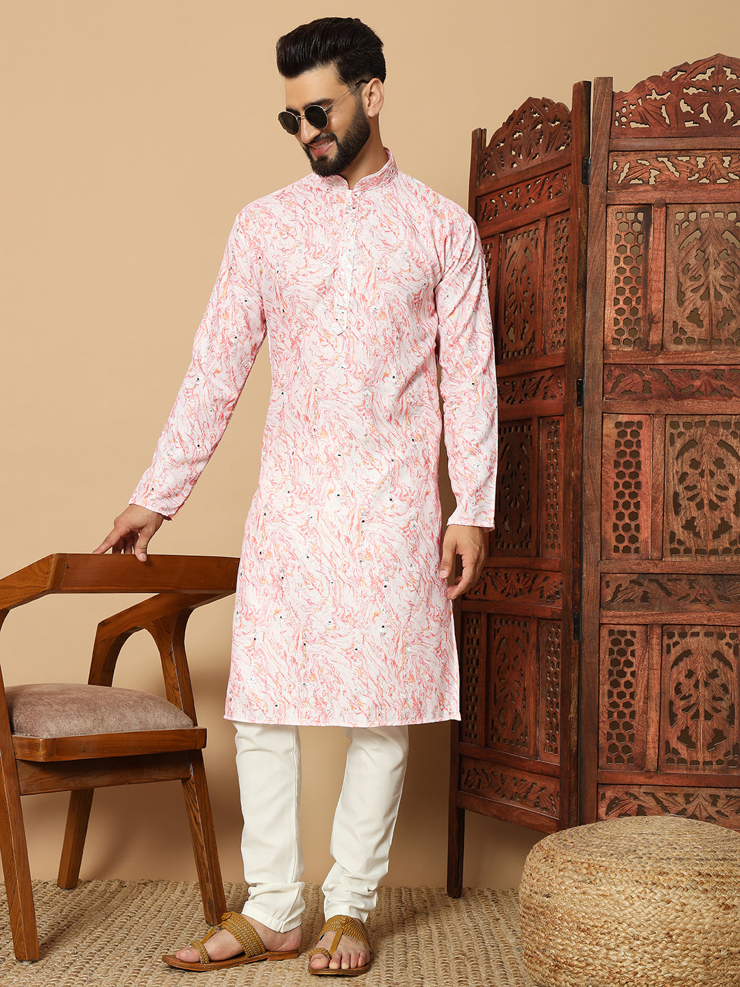 rose pink  Print Kurta with Mirror Work for Men