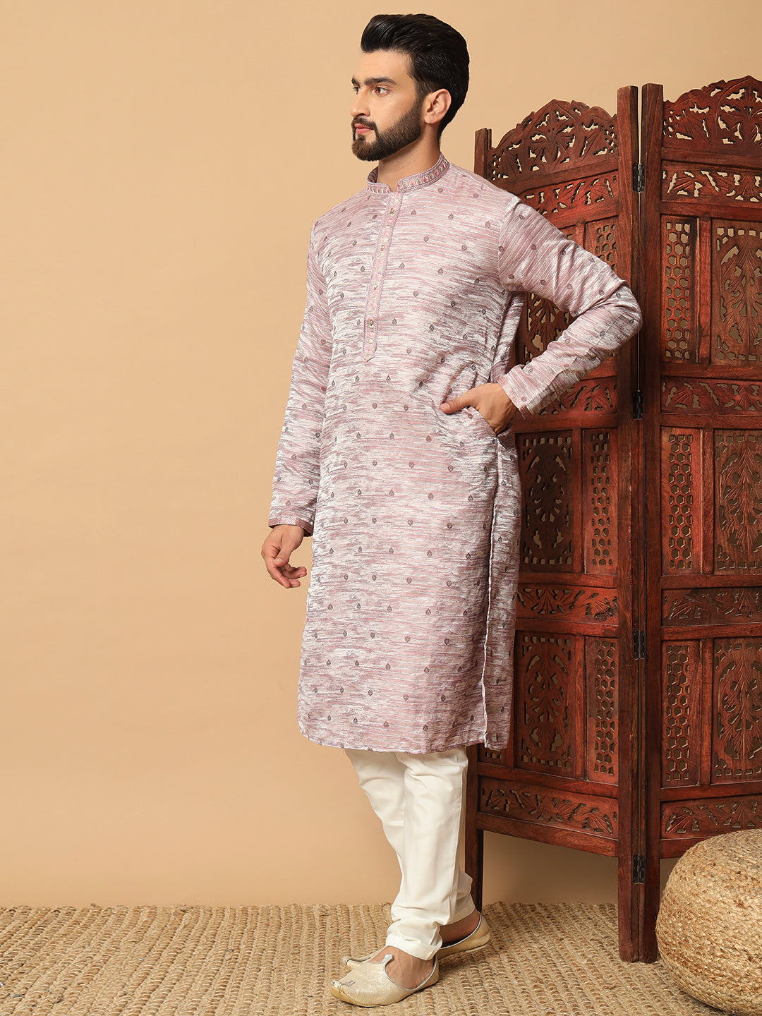 Rose Quartz Elegance – Sequin Embellished Kurta for Men