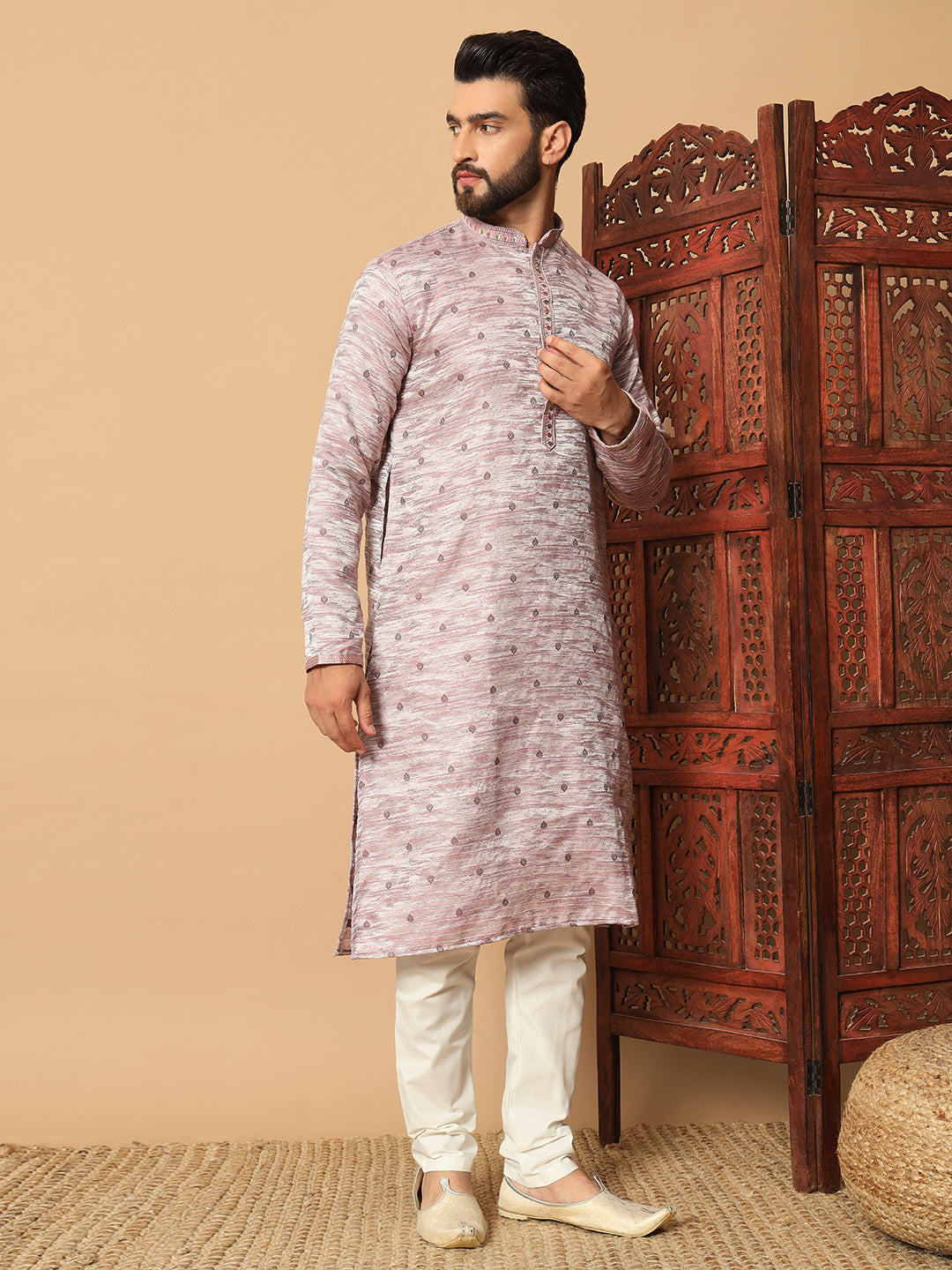 Rose Quartz Elegance – Sequin Embellished Kurta for Men