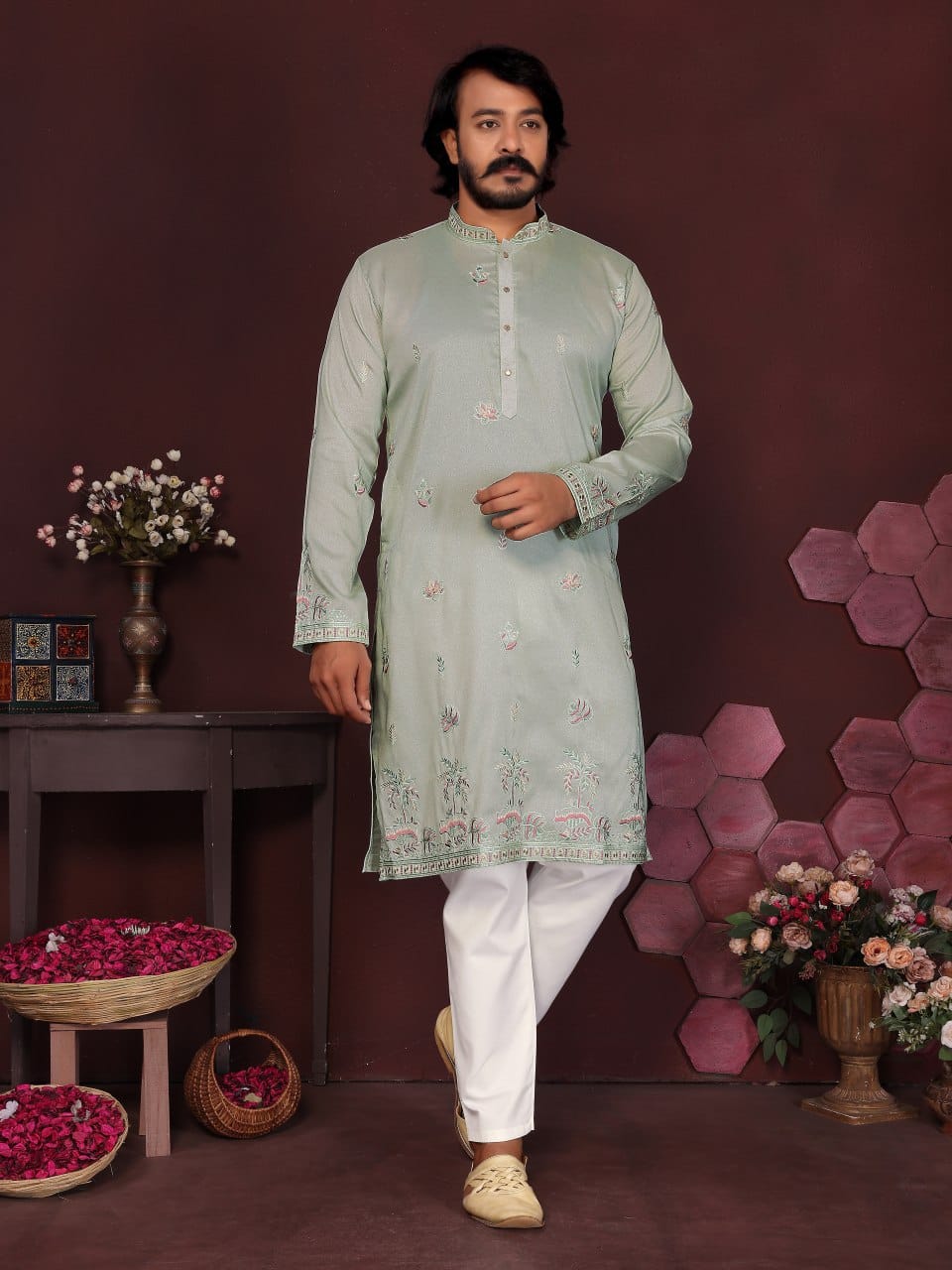 sage green(light pista) Embroidered Silk Kurta for Men