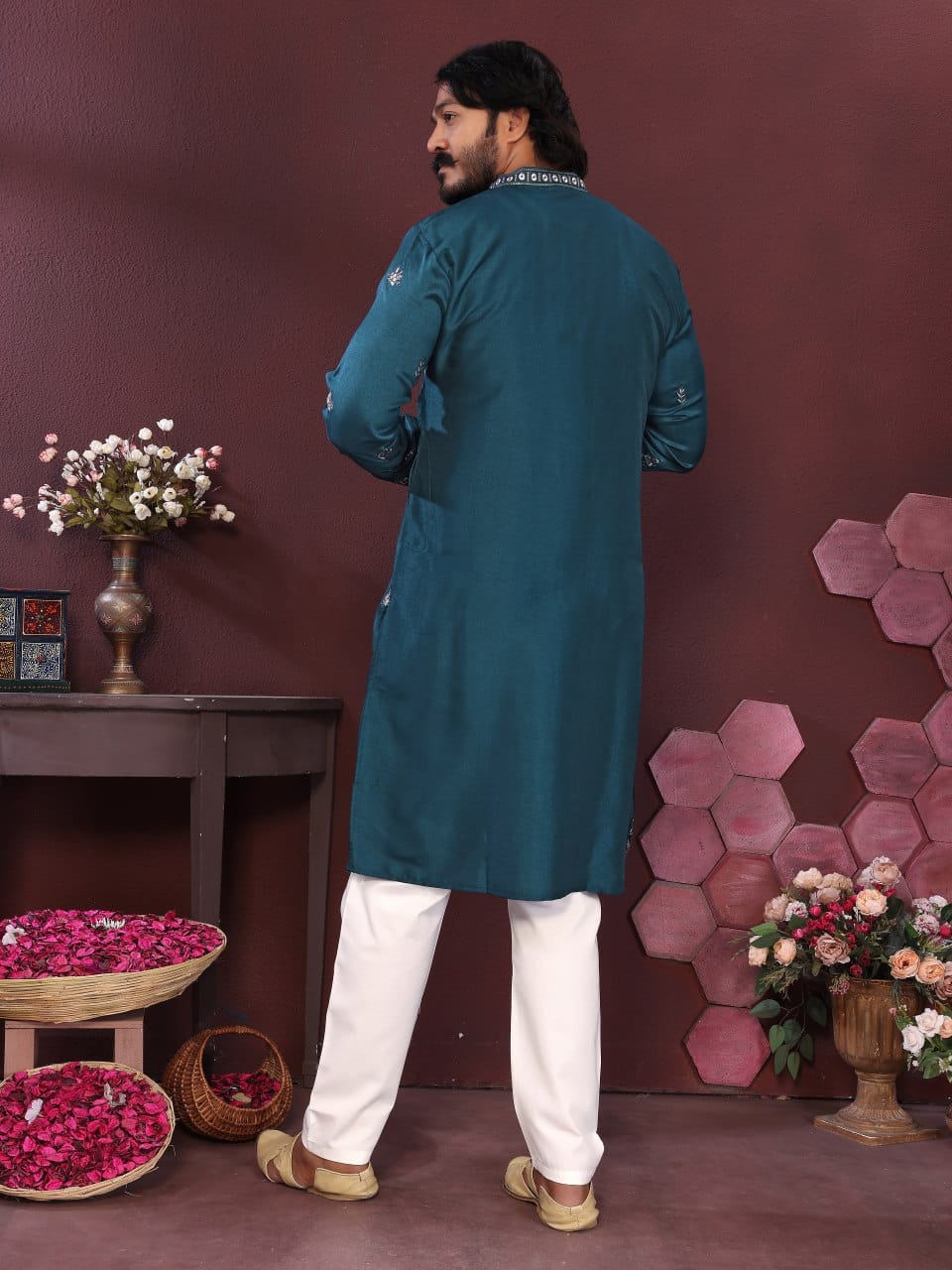 teal blue Embroidered Silk Kurta for Men