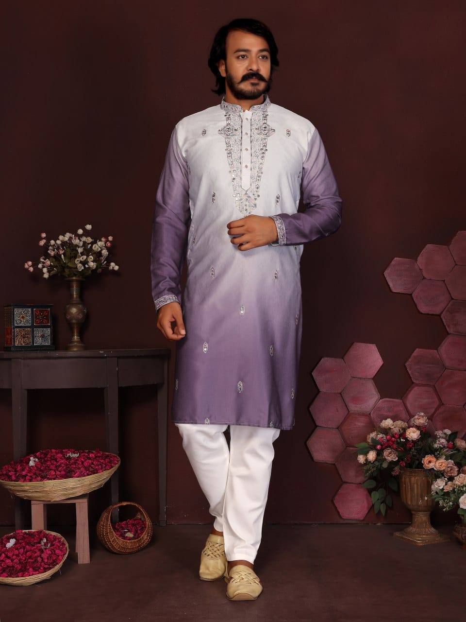 volkano violet Embroidered Silk Kurta for Men