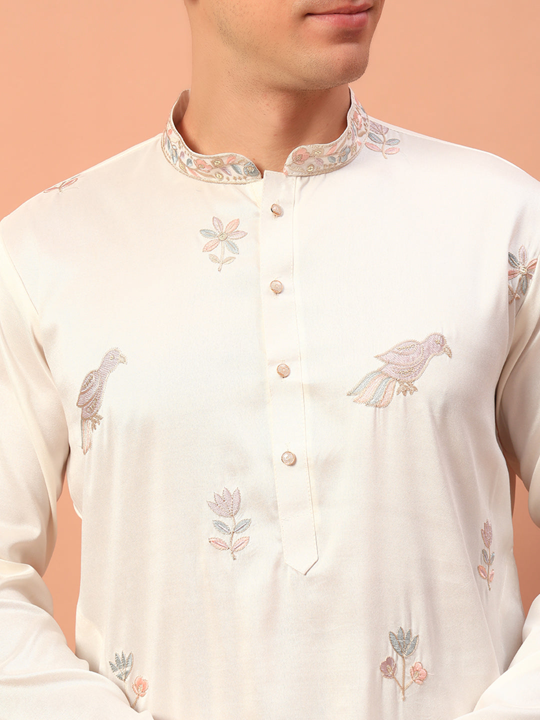 Ivory Grace – Embroidered Kurta with Bird Motif for Men