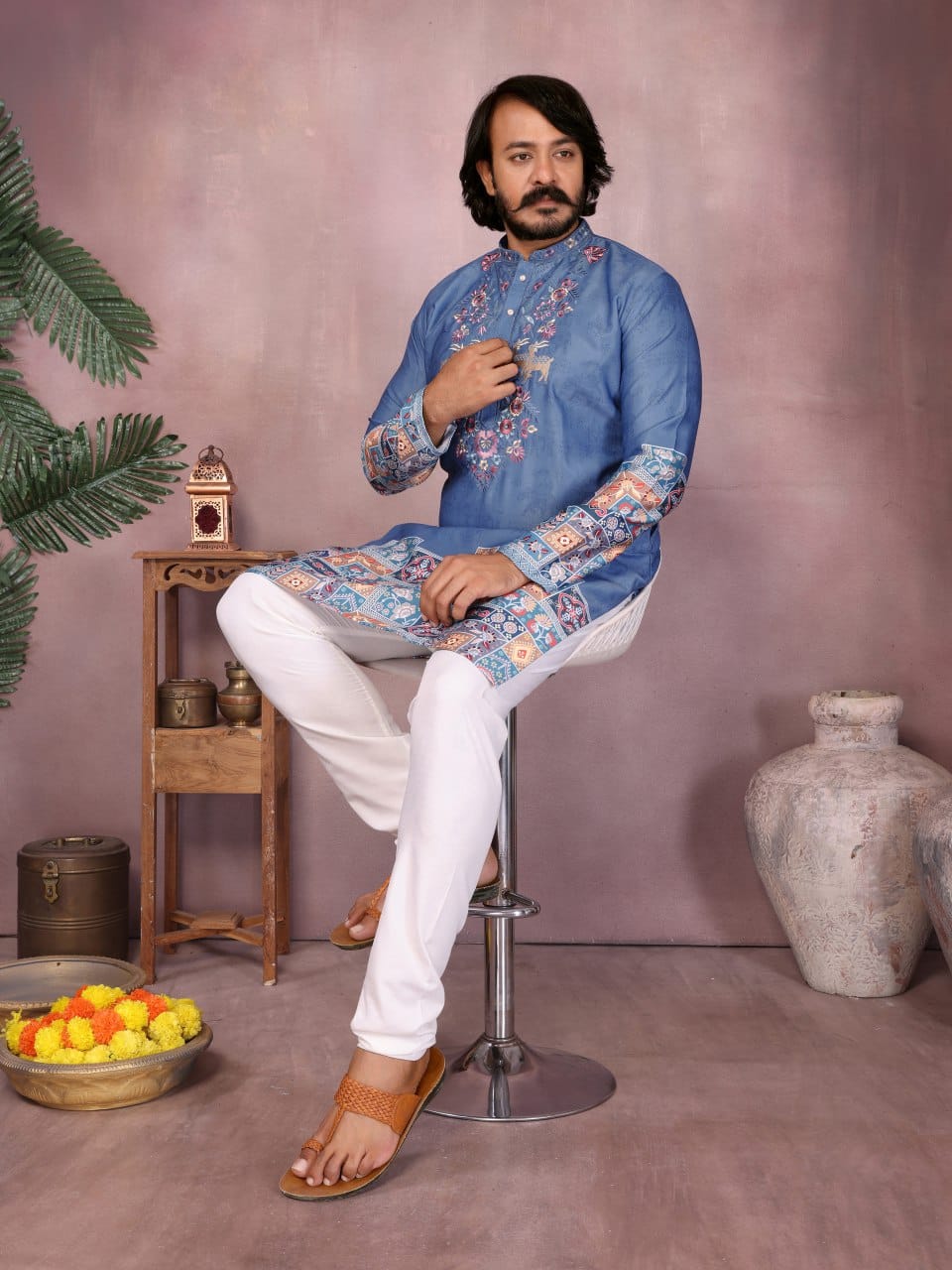 Cerulean Mosaic –   Embroidered & Printed Kurta for Men