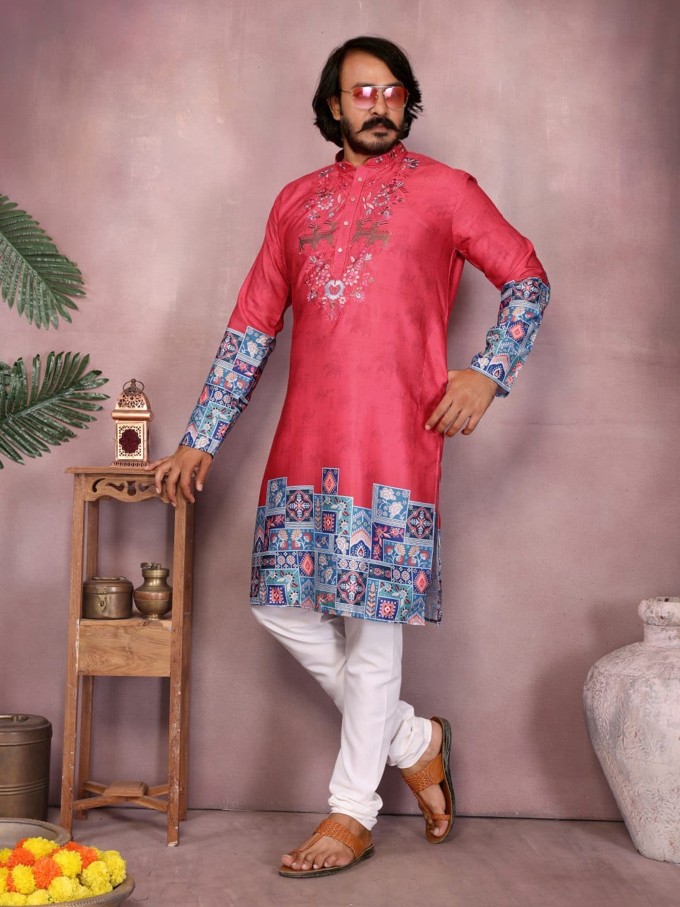 watermelon red–   Embroidered & Printed Kurta for Men