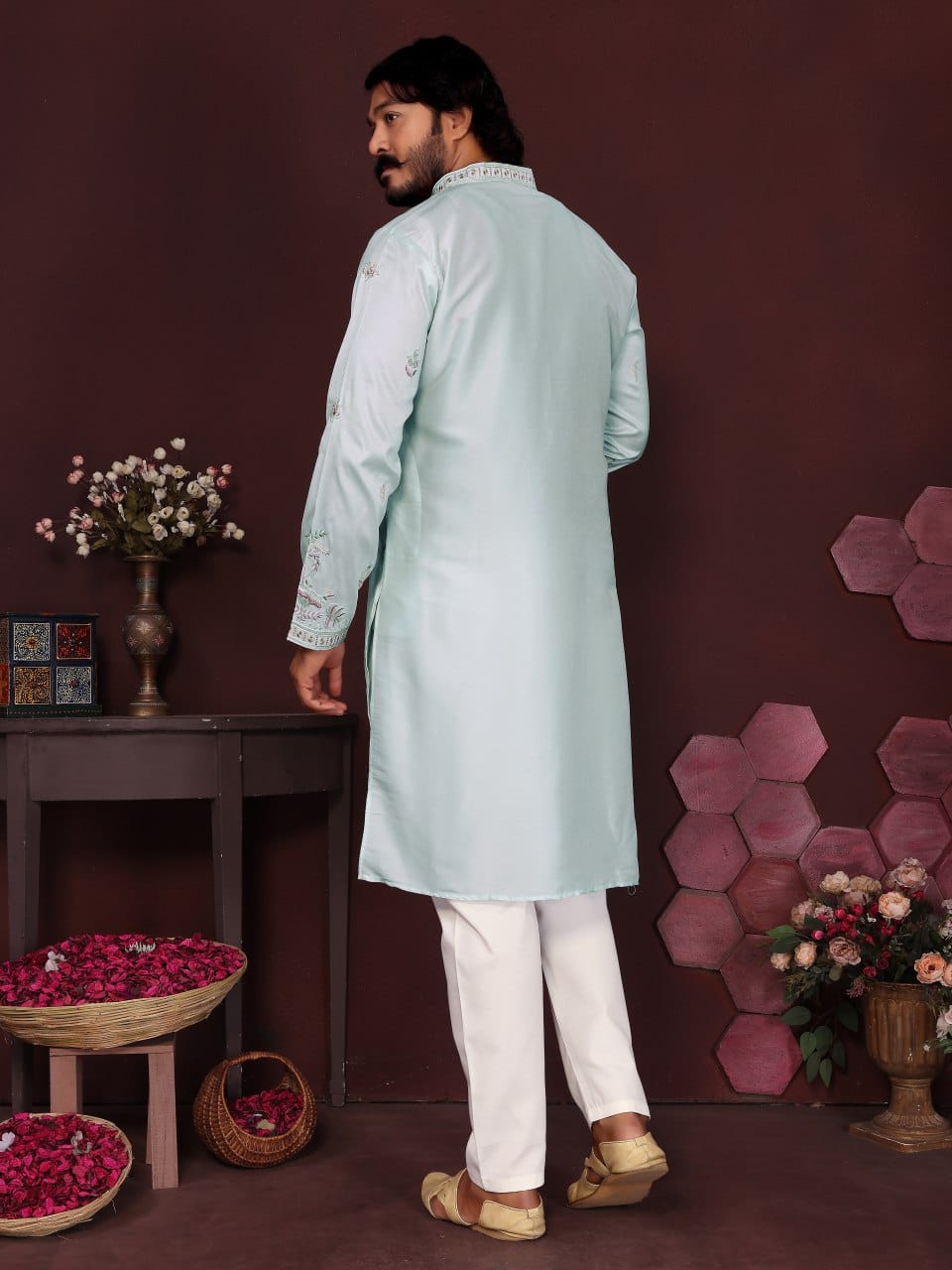 Powder Blue Embroidered Silk Kurta for Men
