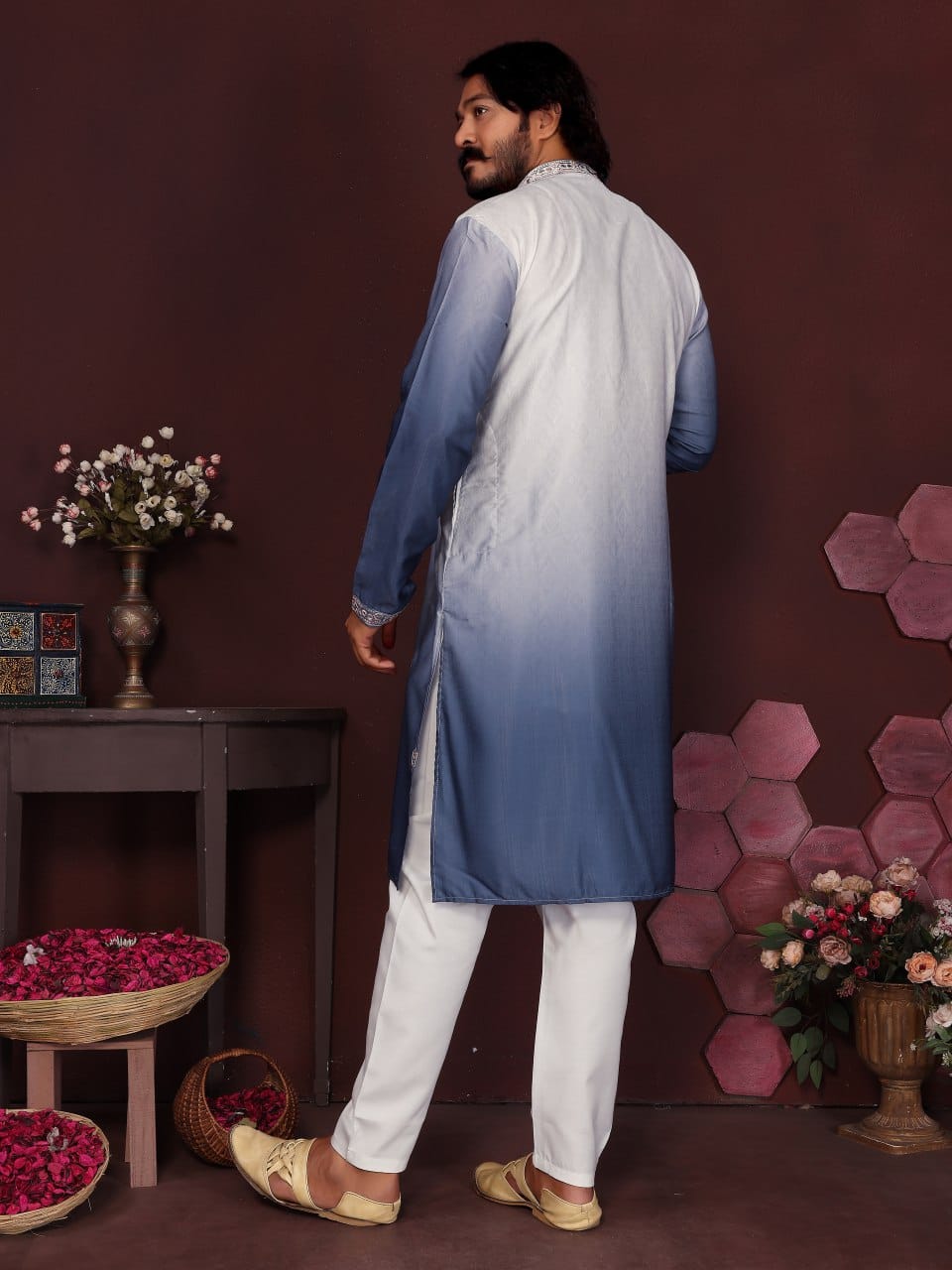 Blue Ombre Embroidered Silk Kurta for Men
