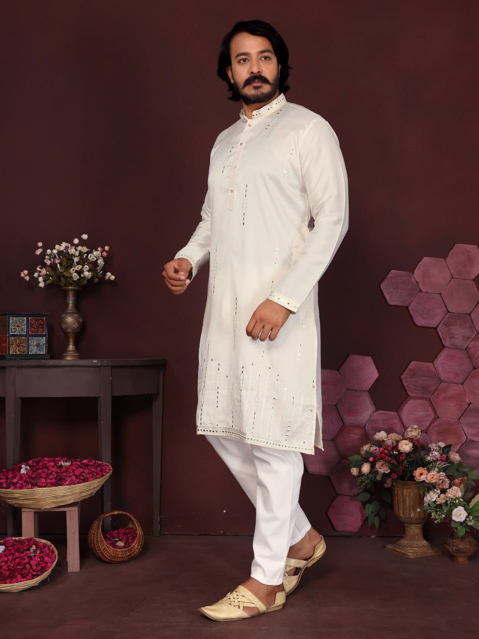 off white ivory Handcrafted Mirror Work Silk Kurta for Men (Limited Edition)