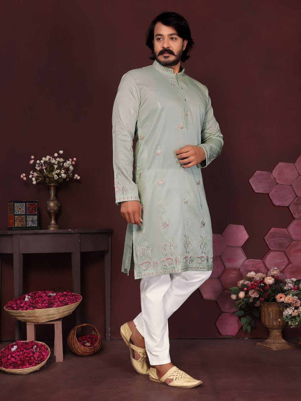 sage green(light pista) Embroidered Silk Kurta for Men