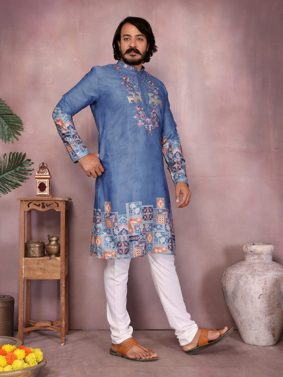 Cerulean Mosaic –   Embroidered & Printed Kurta for Men