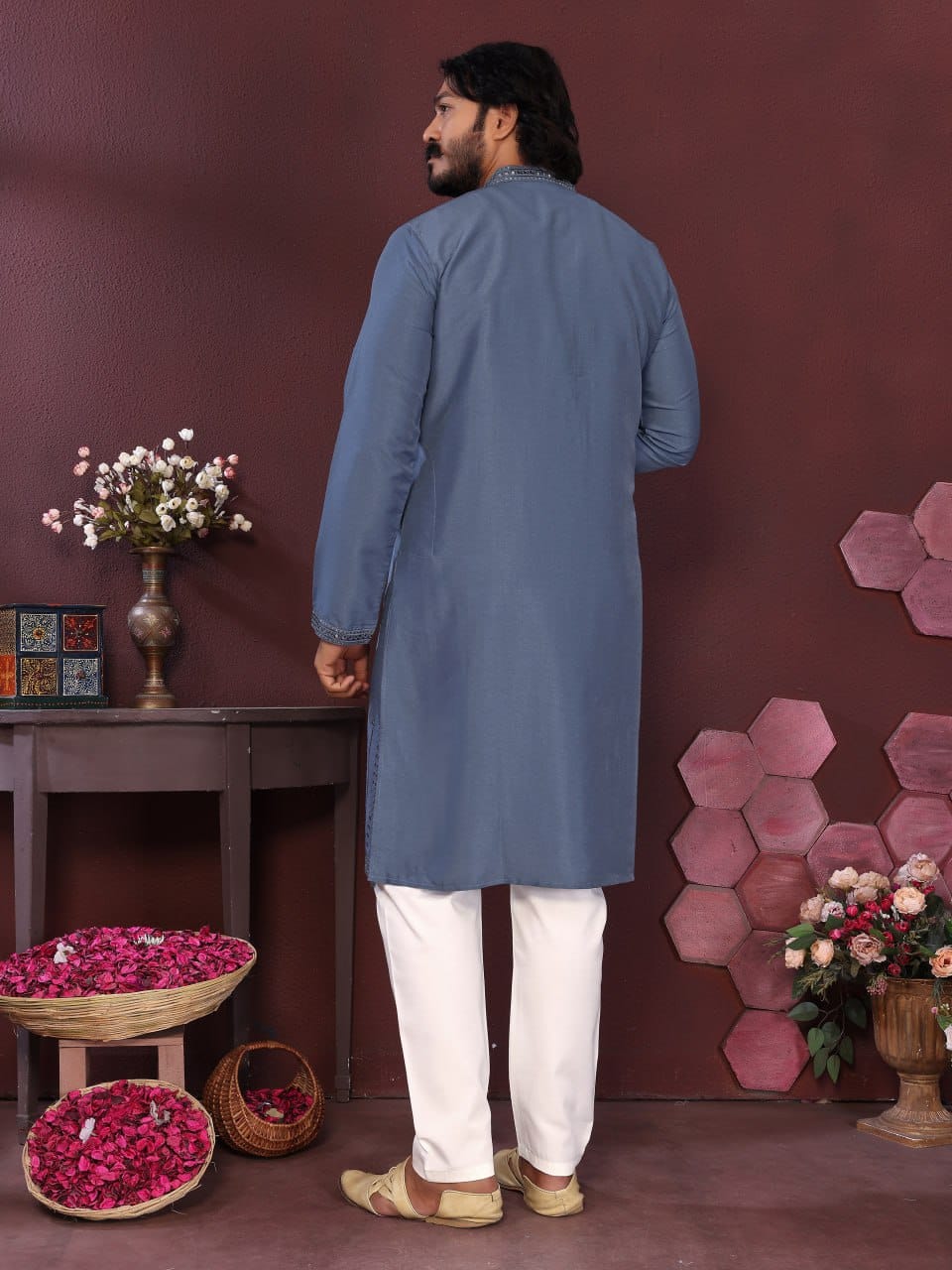 steel blue Handcrafted Mirror Work Silk Kurta for Men (Limited Edition)