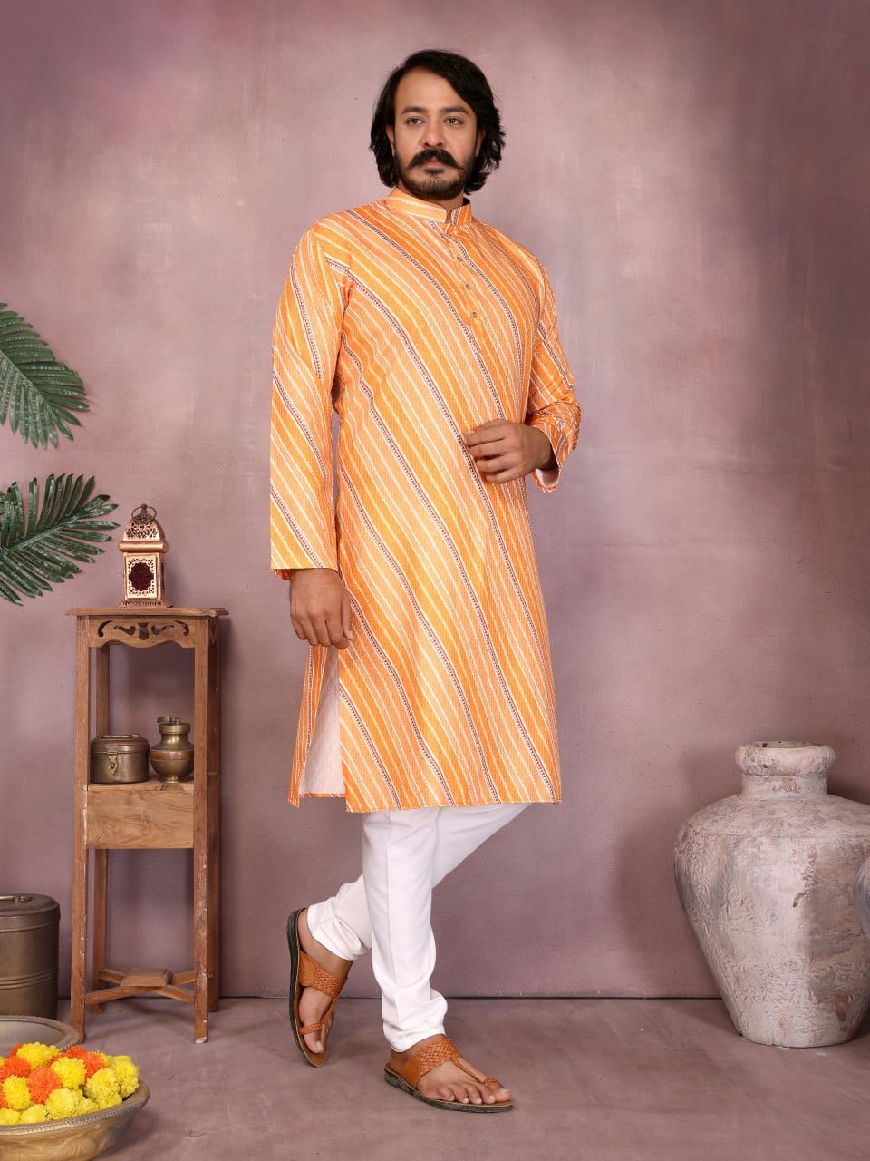 Sunset Orange crochet & printed Striped Kurta for Men