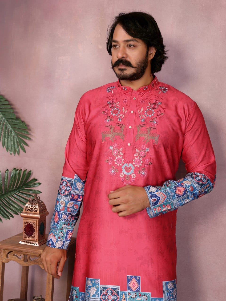 watermelon red–   Embroidered & Printed Kurta for Men
