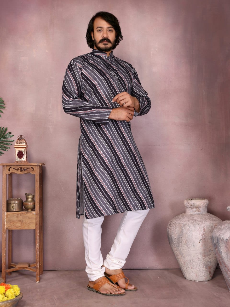 midnight grey crochet & printed Striped Kurta for Men