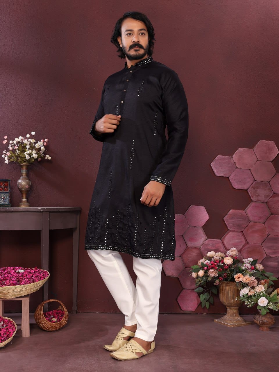 Black Handcrafted Mirror Work Silk Kurta for Men (Limited Edition)