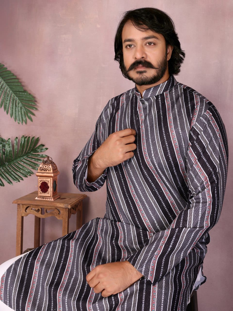 midnight grey crochet & printed Striped Kurta for Men