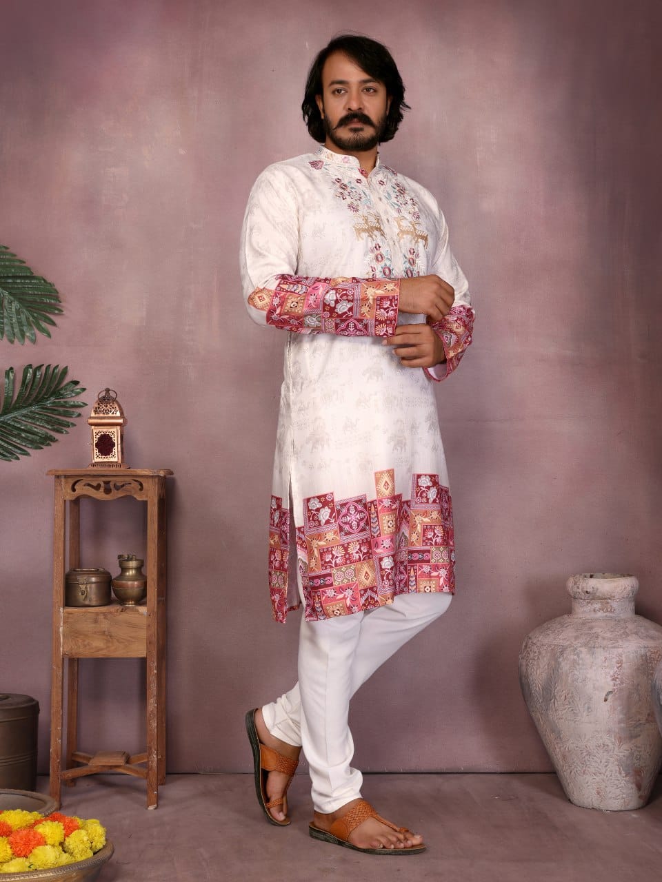ivory ( gold tinted) –   Embroidered & Printed Kurta for Men