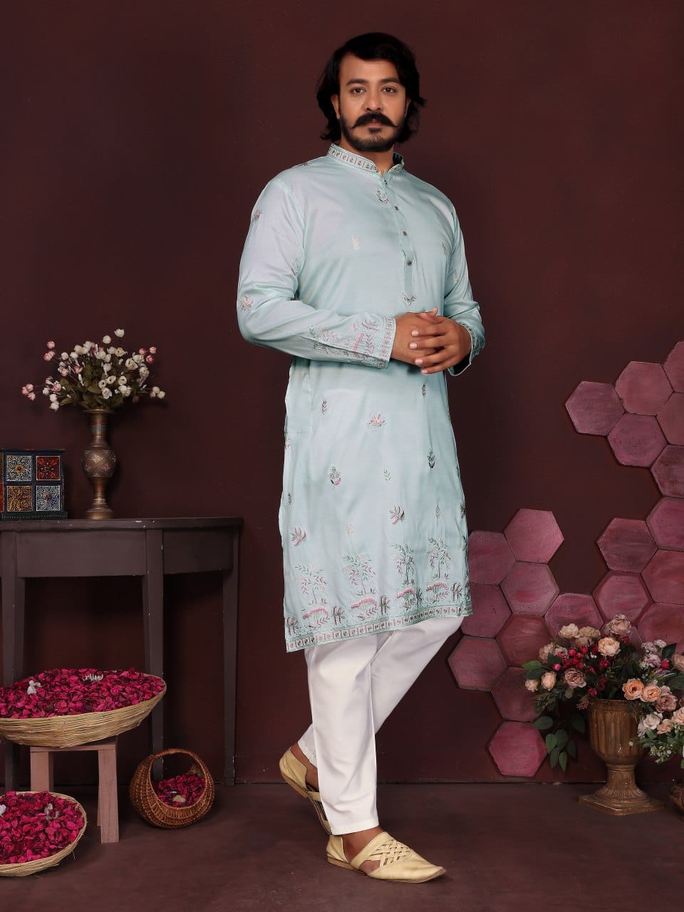 Powder Blue Embroidered Silk Kurta for Men