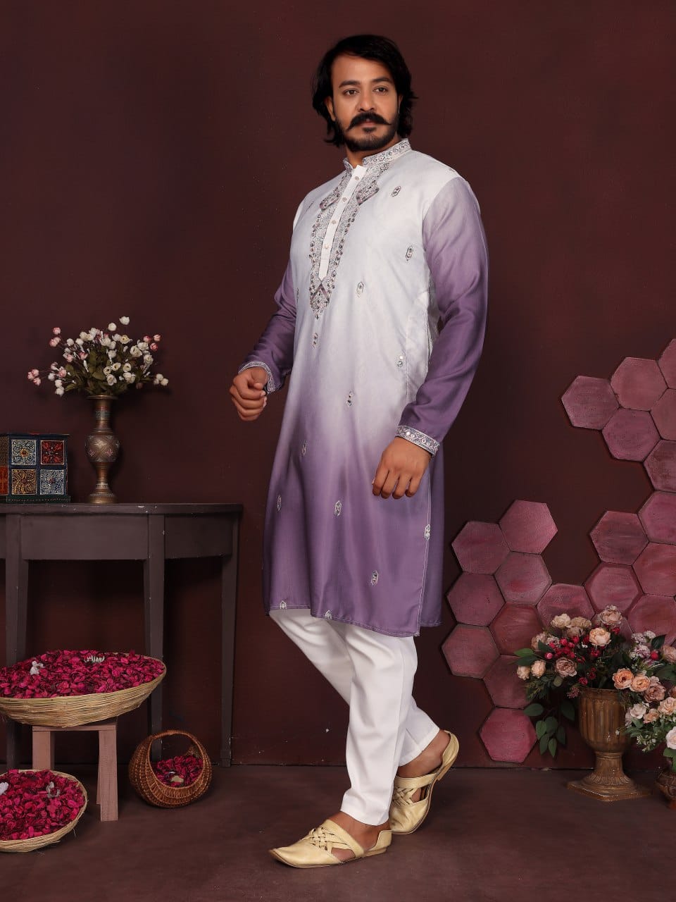 volkano violet Embroidered Silk Kurta for Men