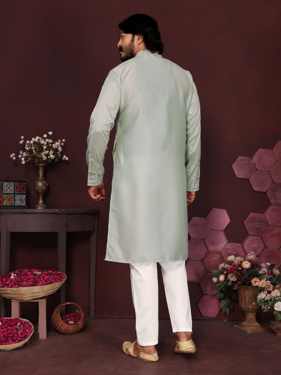 sage green(light pista) Embroidered Silk Kurta for Men