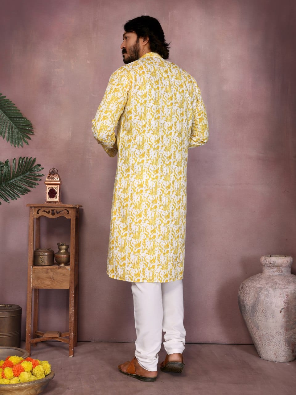 Lemon Yellow Printed Kurta for Men