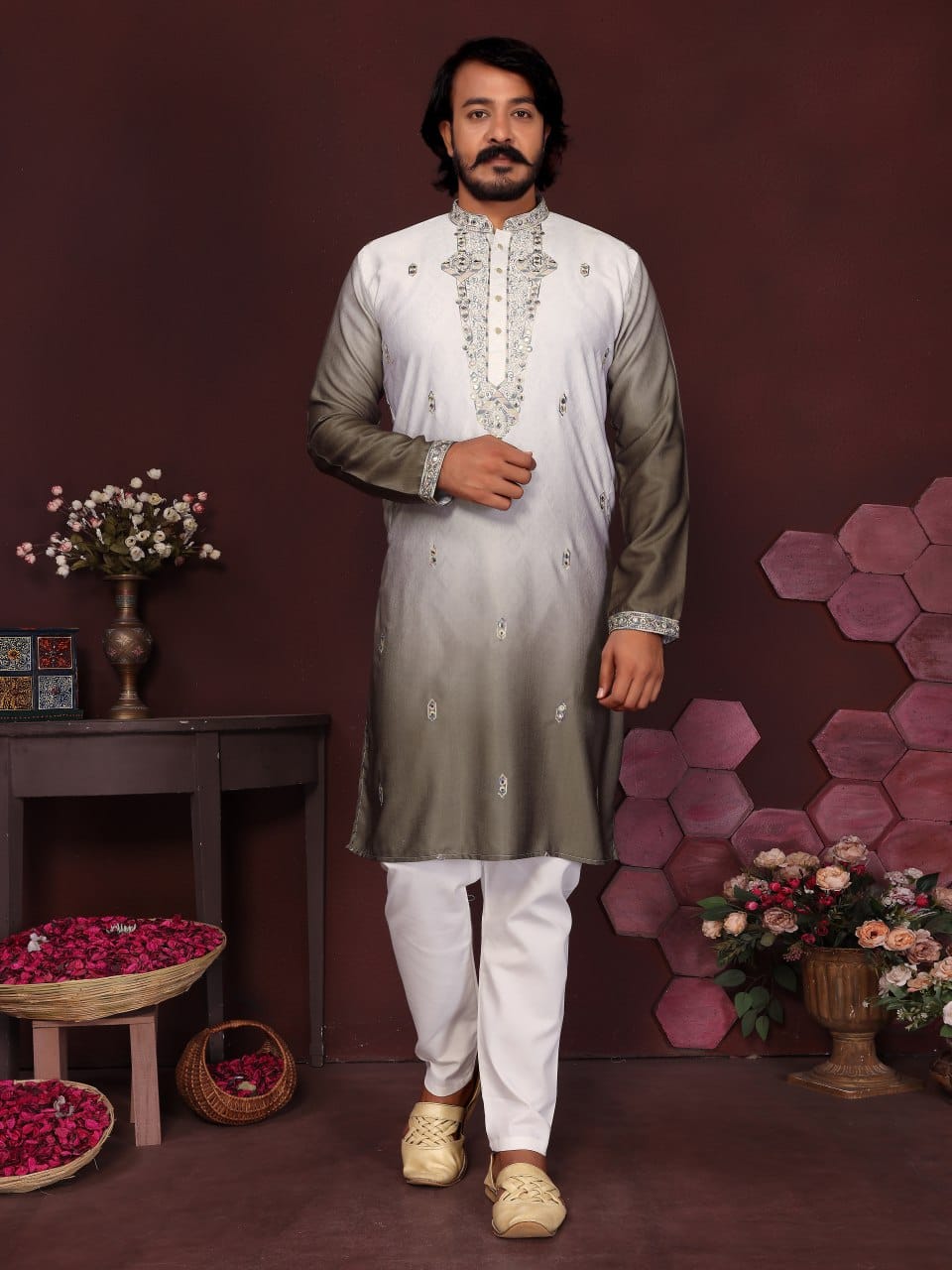 deep melvet mehndi Embroidered Silk Kurta for Men