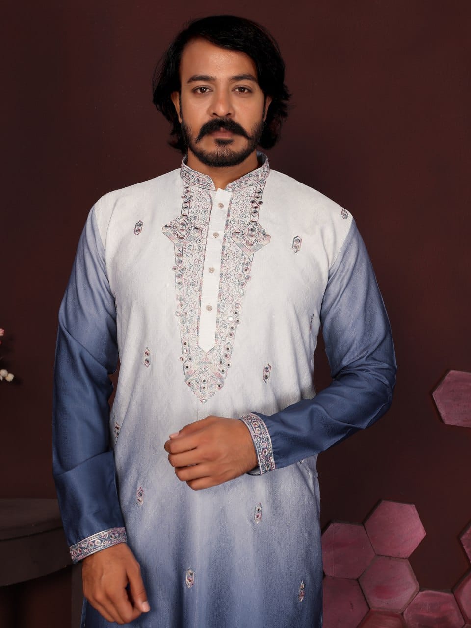 Blue Ombre Embroidered Silk Kurta for Men