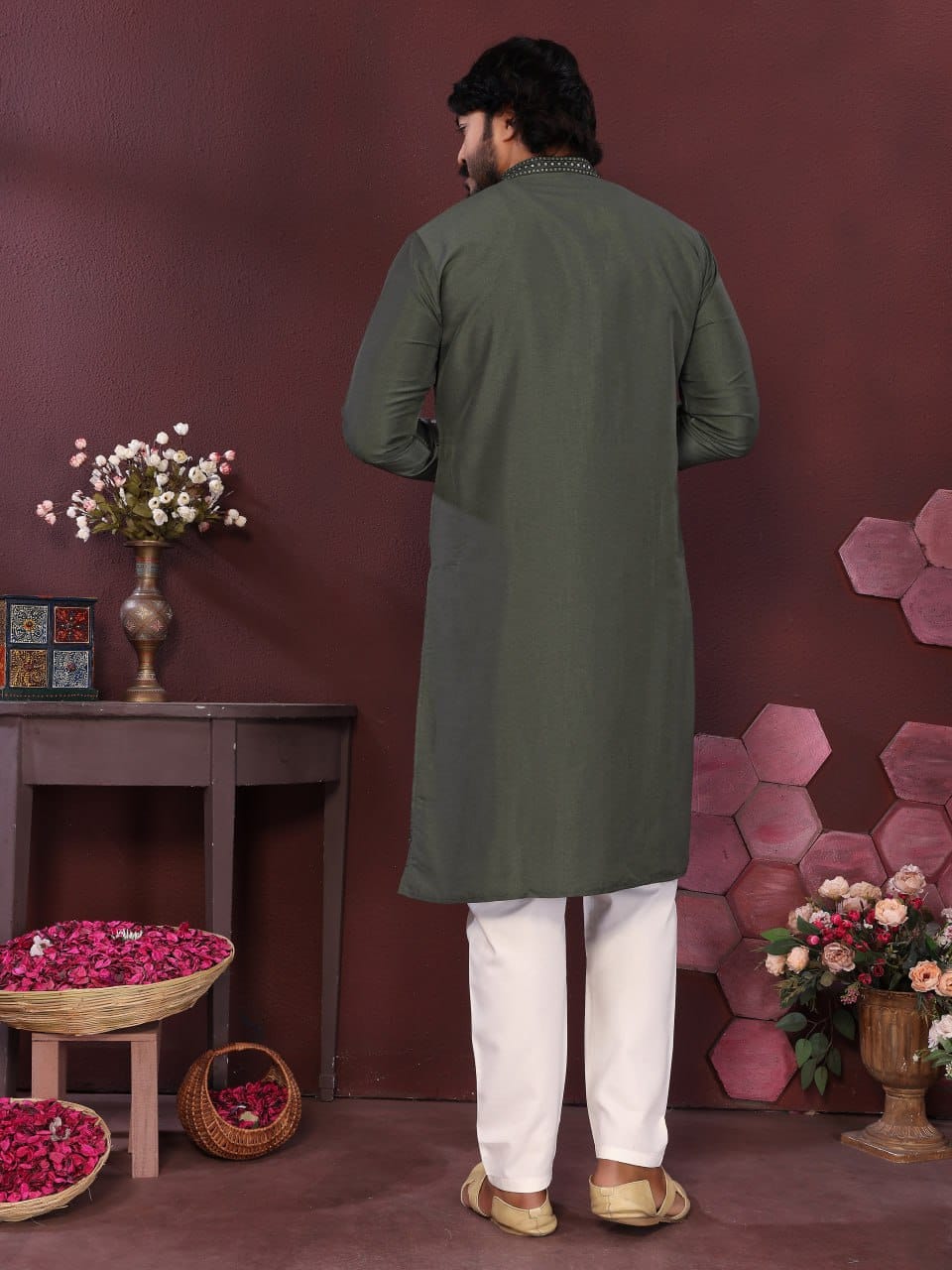 mehndi Handcrafted Mirror Work Silk Kurta for Men (Limited Edition)
