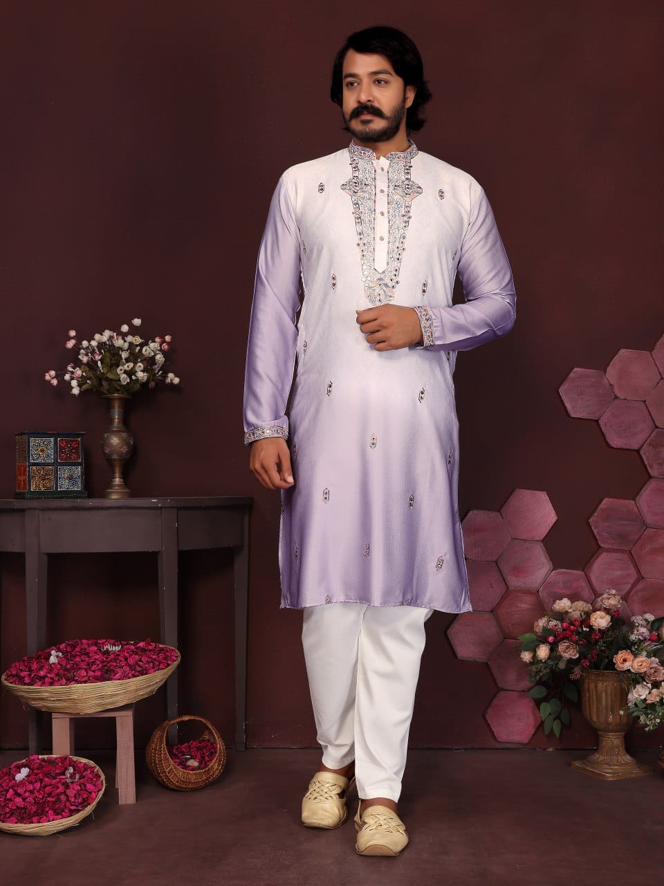 light lavender  Embroidered Silk Kurta for Men