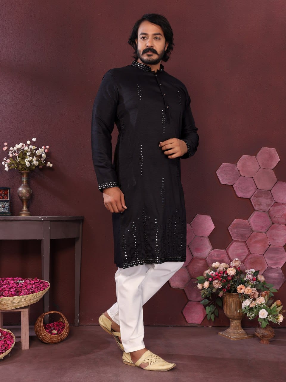 Black Handcrafted Mirror Work Silk Kurta for Men (Limited Edition)
