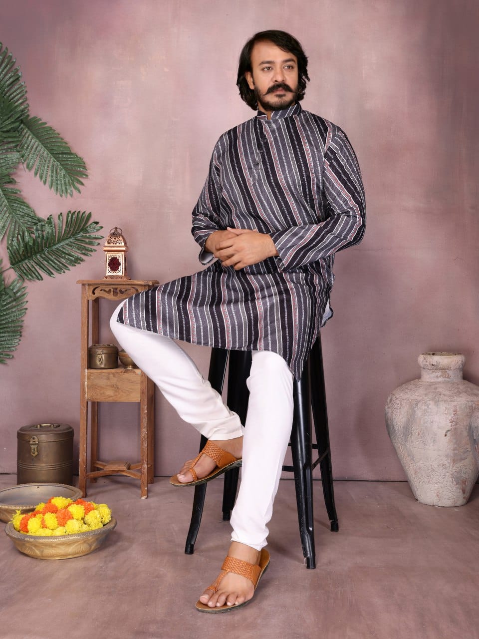 midnight grey crochet & printed Striped Kurta for Men