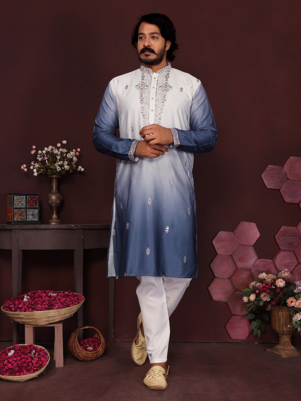 Blue Ombre Embroidered Silk Kurta for Men