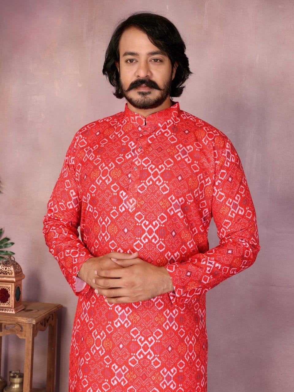Red Bandhani Print Kurta for Men (Polyester)