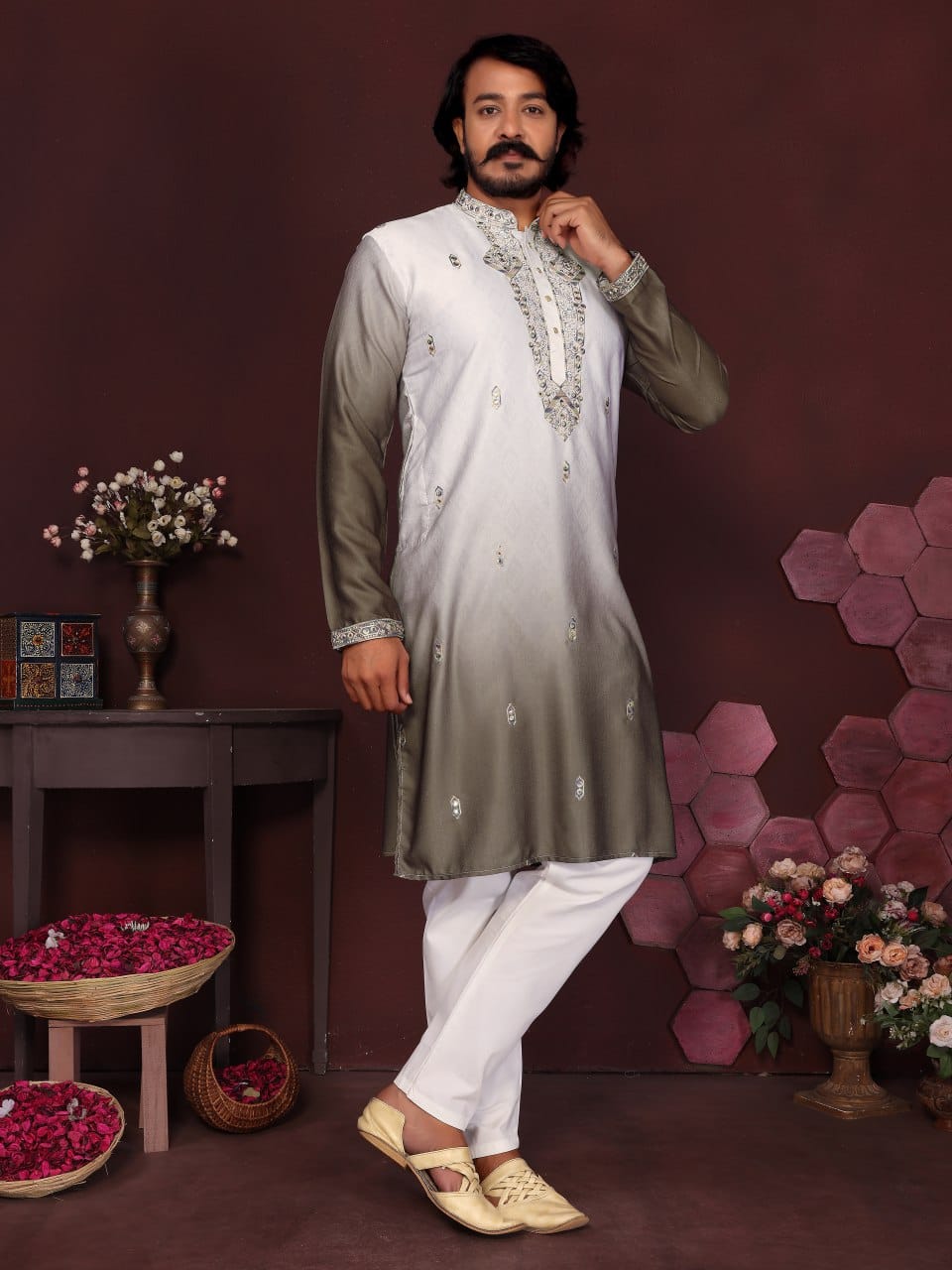 deep melvet mehndi Embroidered Silk Kurta for Men