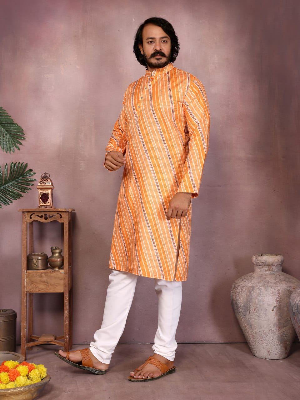 Sunset Orange crochet & printed Striped Kurta for Men