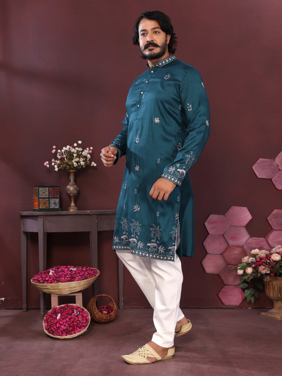 teal blue Embroidered Silk Kurta for Men