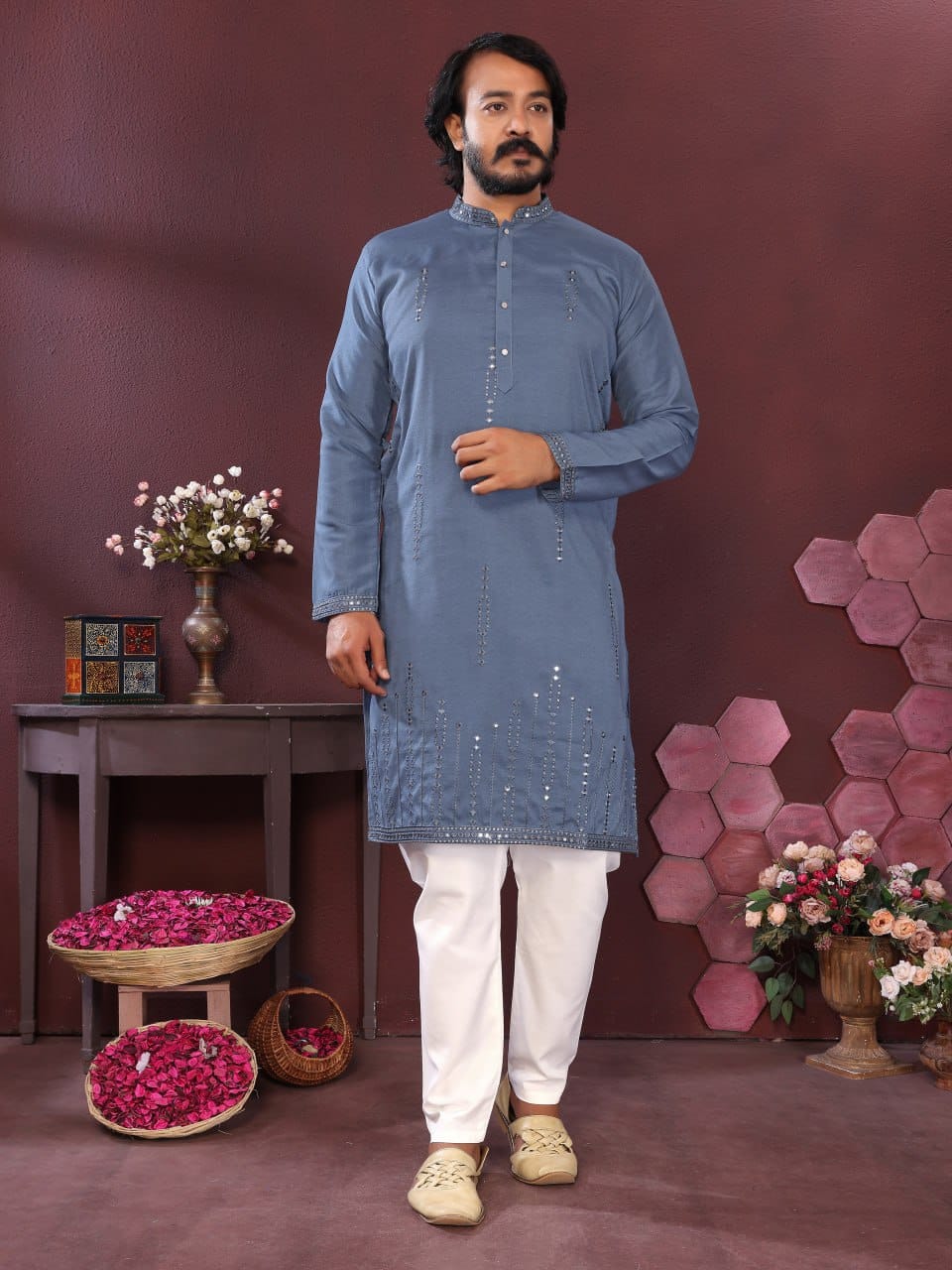 steel blue Handcrafted Mirror Work Silk Kurta for Men (Limited Edition)